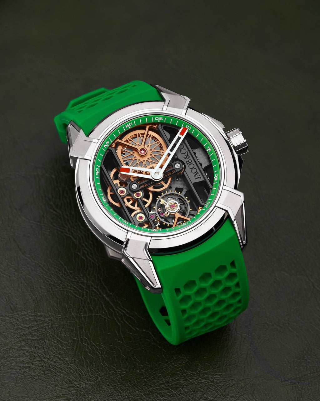 Limited Edition Jacob & Co. Epic X Skeleton watch with an orange rubber strap.