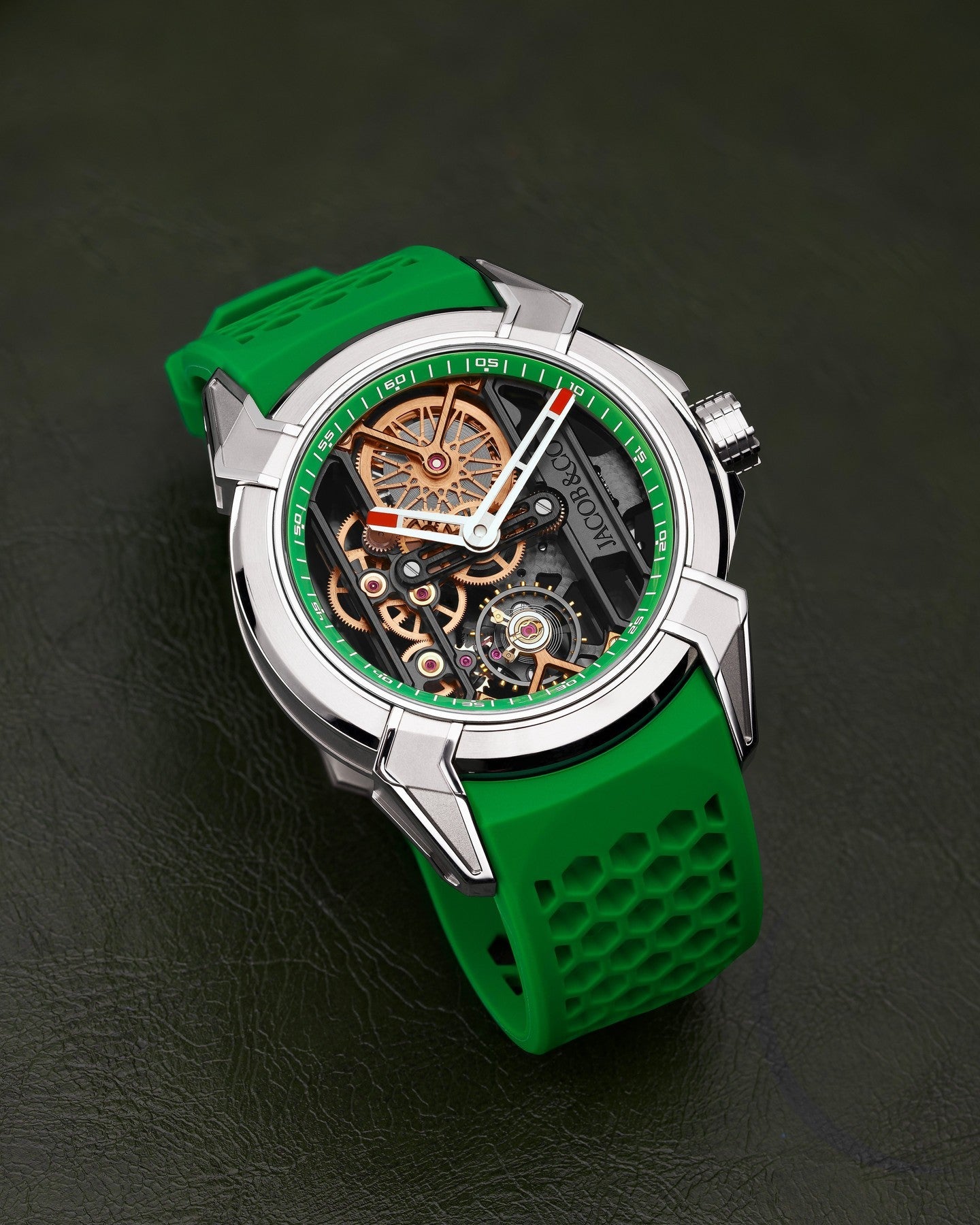 Limited Edition Jacob & Co. Epic X Skeleton watch with an orange rubber strap.